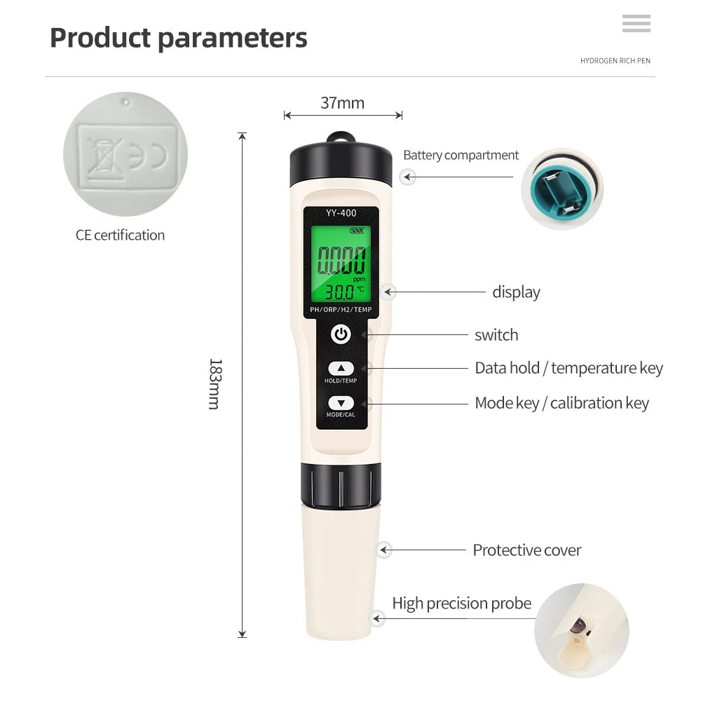 4/3/2 In 1 PH ORP H2 Meter Portable Pen &ndash; Water Purity Test
