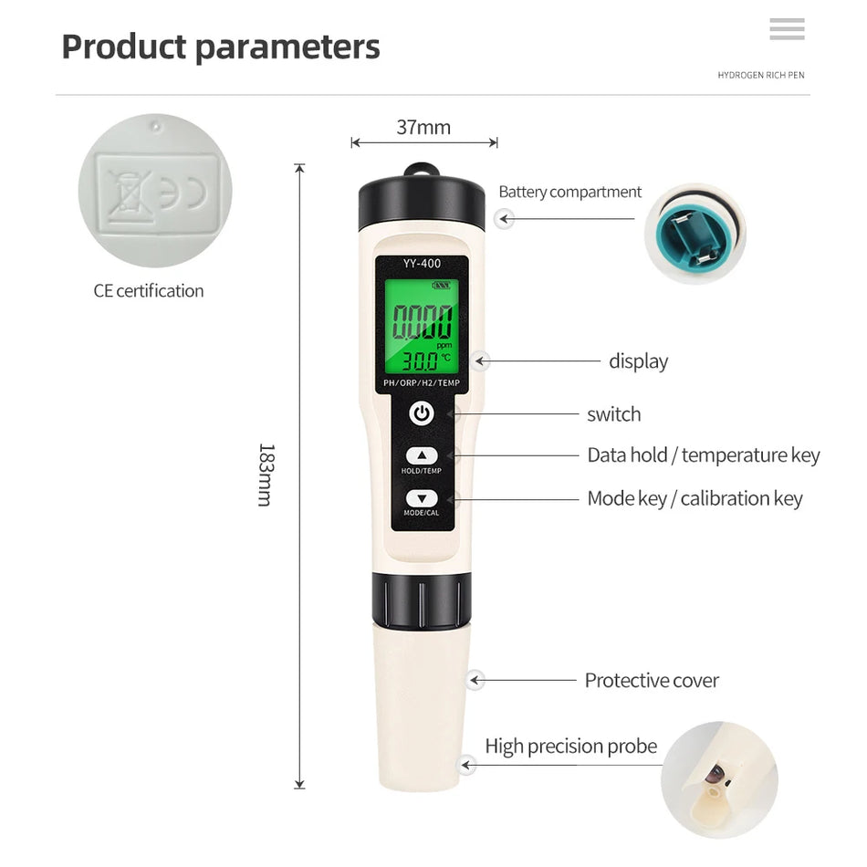 4/3/2 In 1 PH ORP H2 Meter Portable Pen &ndash; Water Purity Test