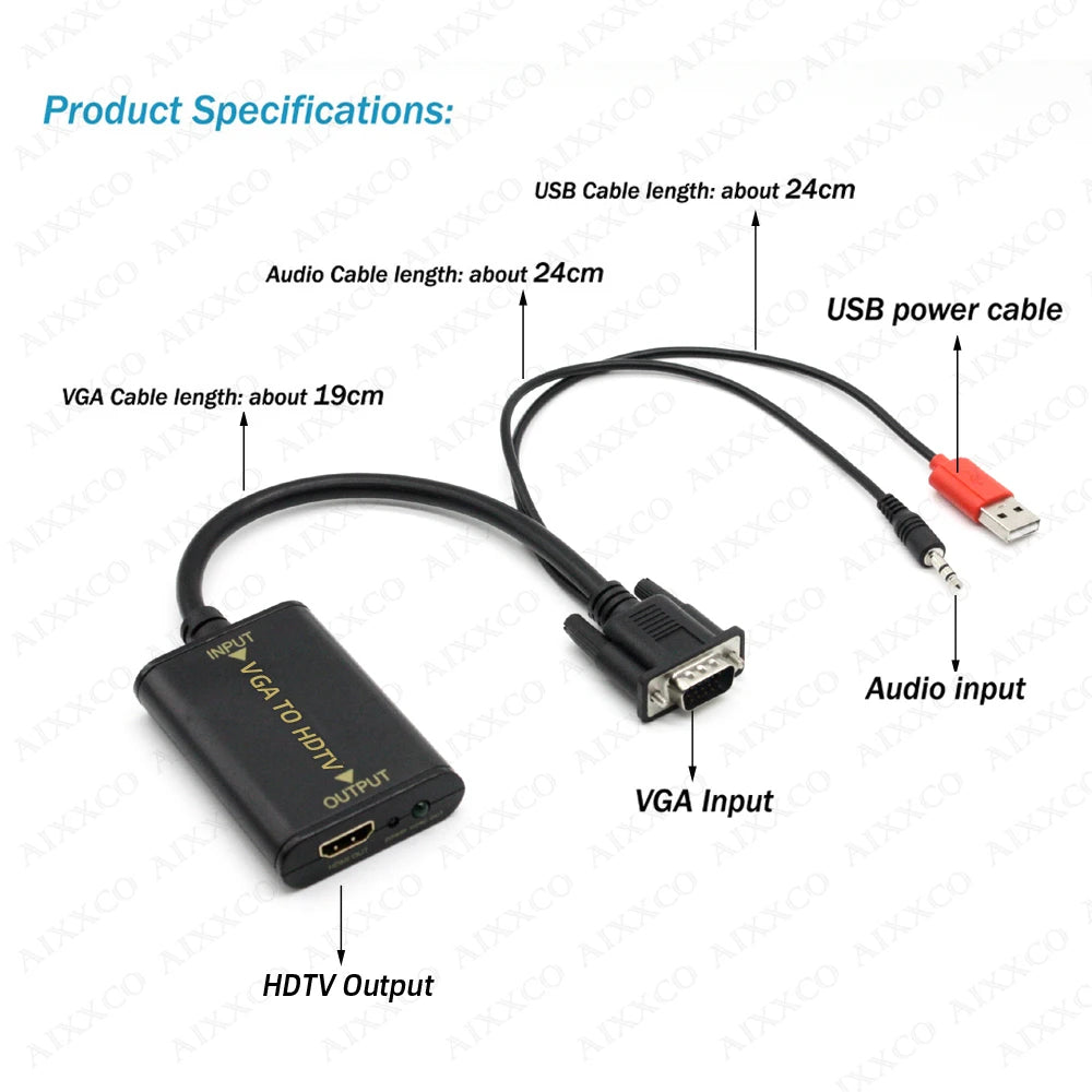Portable VGA to HDMI-Compatible Converter with 1080P HD Output