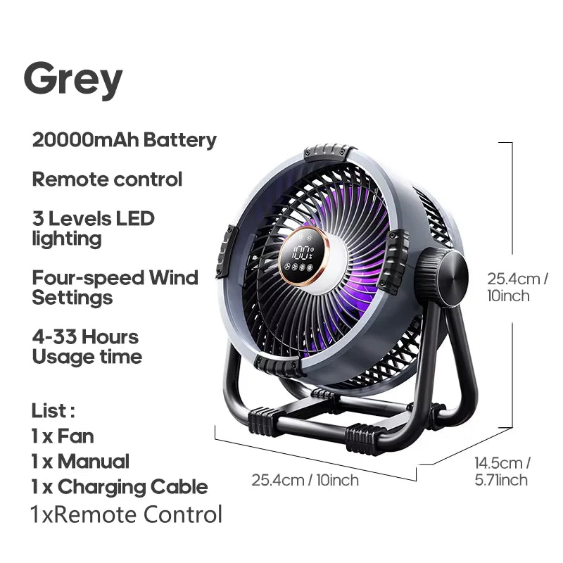 Rechargeable Camping Fan 20000mAh - LED Lights Remote Gray 20000mA