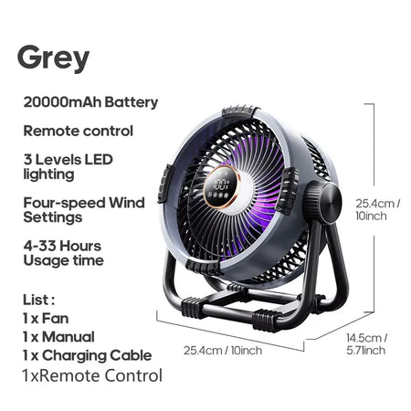 Rechargeable Camping Fan 20000mAh - LED Lights Remote Gray 20000mA
