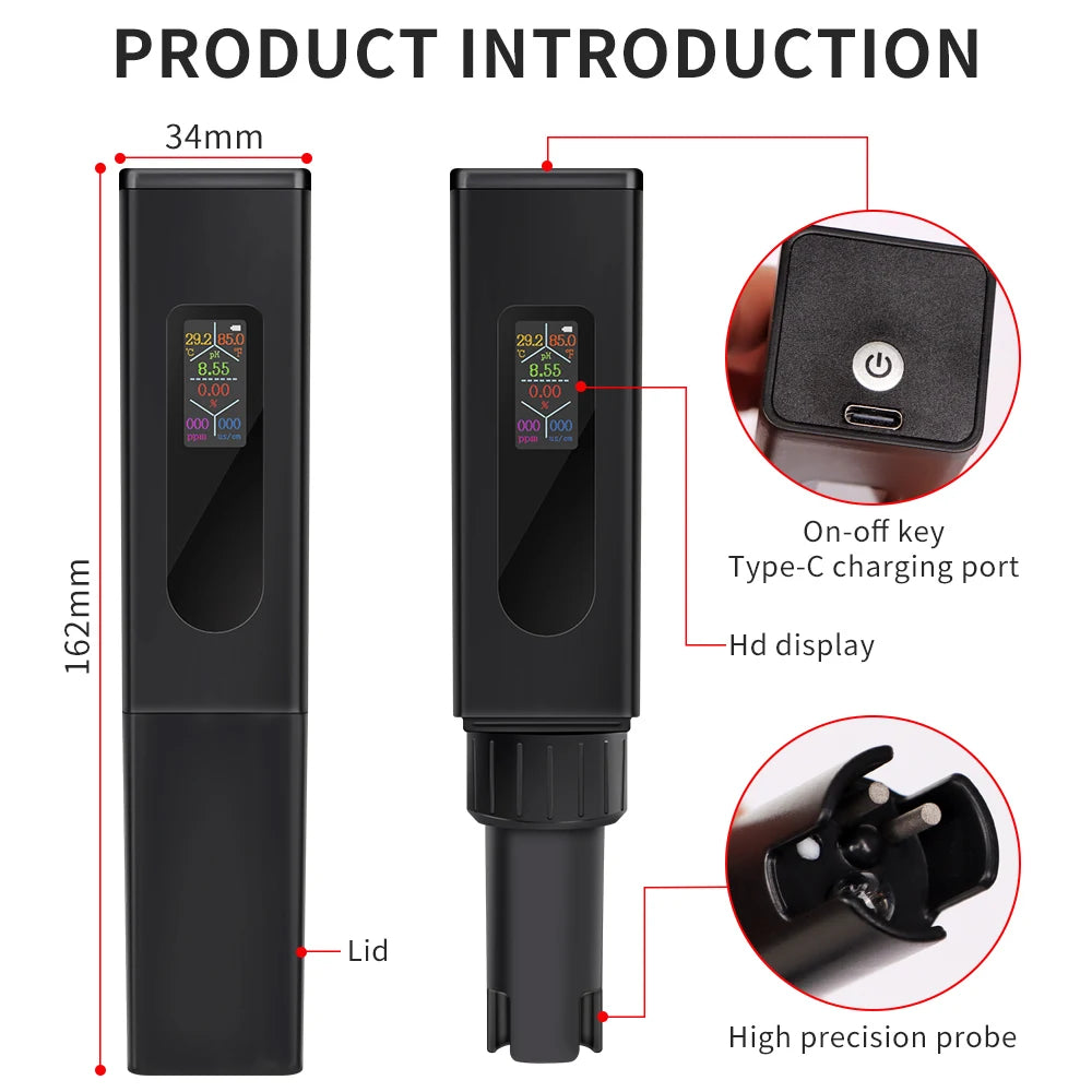 5 In 1 Water Quality Tester EC TDS PH Meter &ndash; Rechargeable