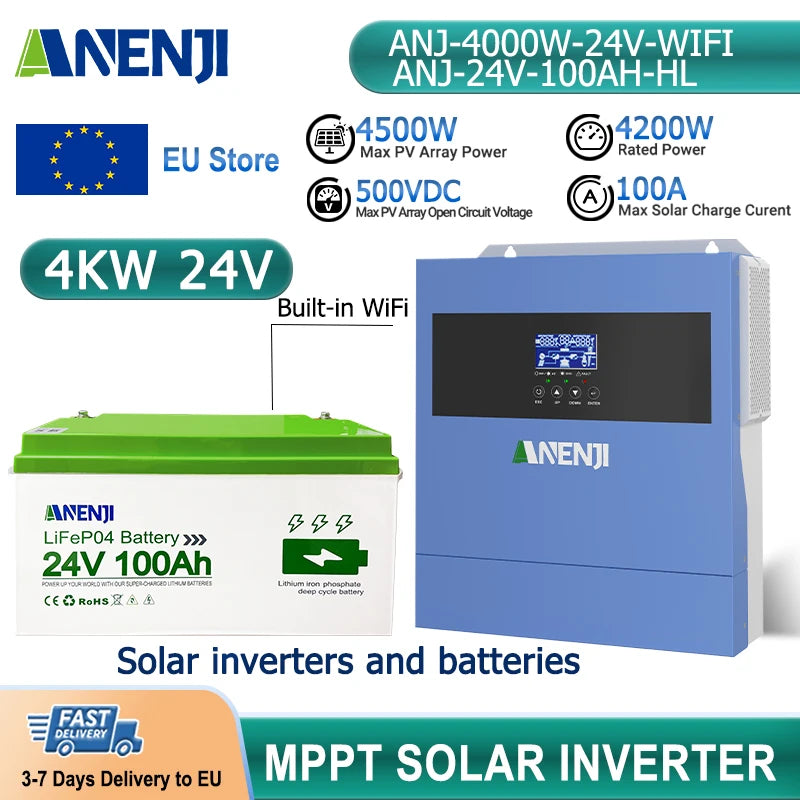 ANENJI 4KW 24V Inverter Solare Ibrido Con Batteria LiFePO4 2560Wh 100Ah BMS Bluetooth Integrato