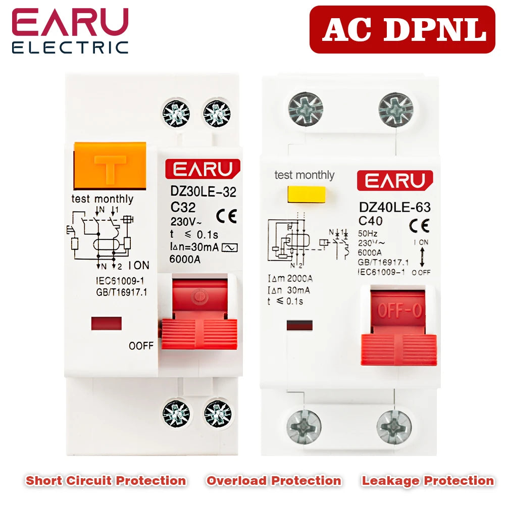 EARUELETRIC 230V 1P+N RCBO MCB with Overload &amp; Short Circuit Protection, 6-63A 40A