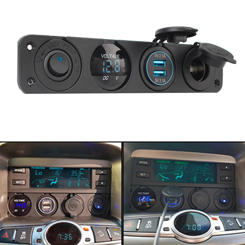 12V 4-in-1 Schakelpaneel met Voltmeter, USB 3.0 Opladers, Aansluiting voor Aanstekers