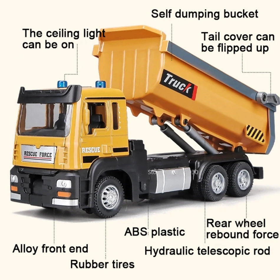1/32 Scale Alloy Diecast Dump Truck Toy With Sound and Lights, Pull Back
