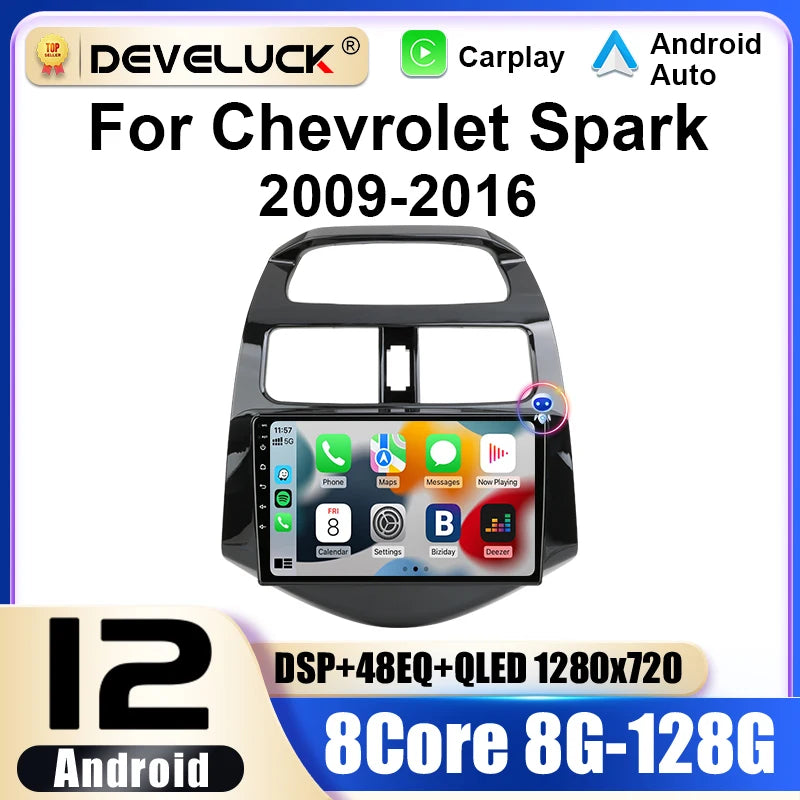 Auto stereo Chevrolet Spark Android 12 9 collu GPS CarPlay Double DIN spilgts ekrāns