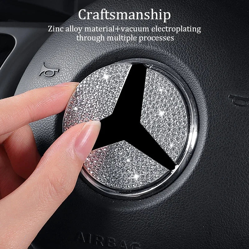 Crystal Diamond Steering Wheel Emblem Sticker for Mercedes-Benz - 45/49mm Fits A, B, C, E, GLA, CLA, GLC, GLK, GLE Series Accessories - Elegant Rhinestone Decoration