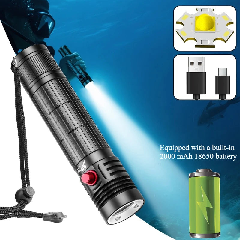 2000mAh High Power Diving Flashlight - IPX8 Waterproof D901B 2000MAH
