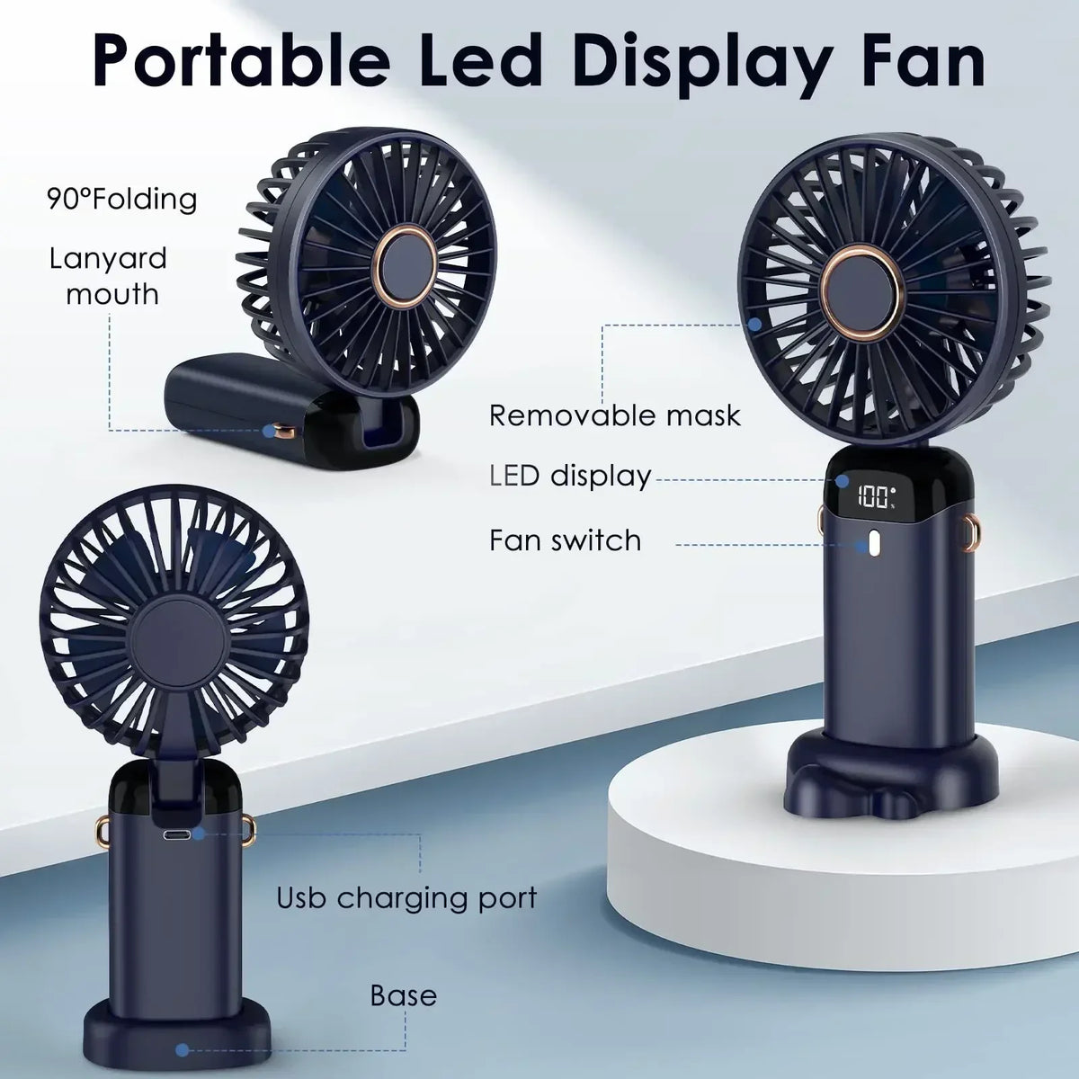 5000mAh Rechargeable Portable Fan with 5 Speeds &amp; LED Display | XMSJ