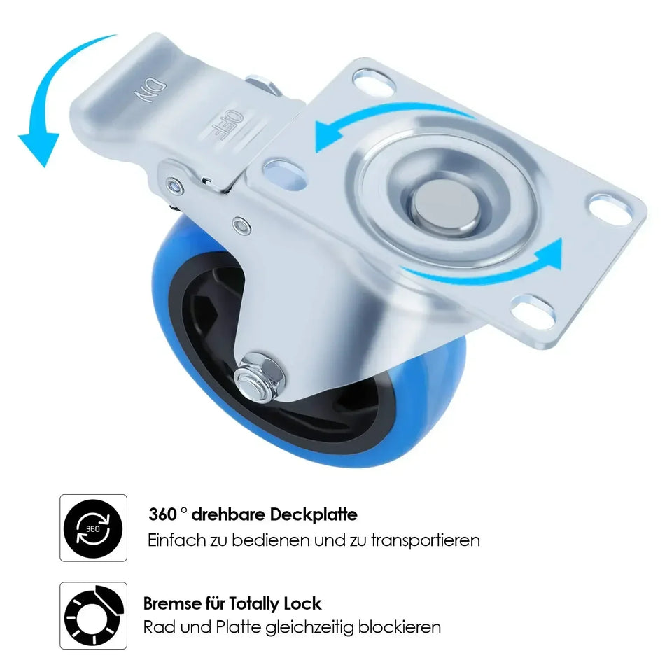 Fixkit 4x100mm Zwenkwielen Met Remmen Zware Kwaliteit 150kg