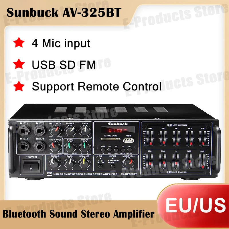 SUNBUCK 325BT Bluetooth Power Amplifiers 110/220V Audio Stereo Digital AMP Support 4 Mic Input USB SD FM AUX With Remote Control