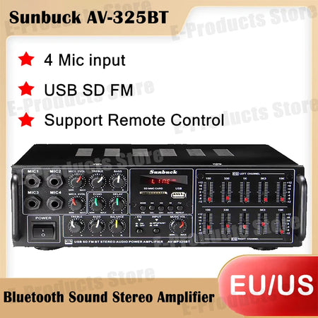 SUNBUCK 325BT Bluetooth Power Amplifiers 110/220V Audio Stereo Digital AMP Support 4 Mic Input USB SD FM AUX With Remote Control