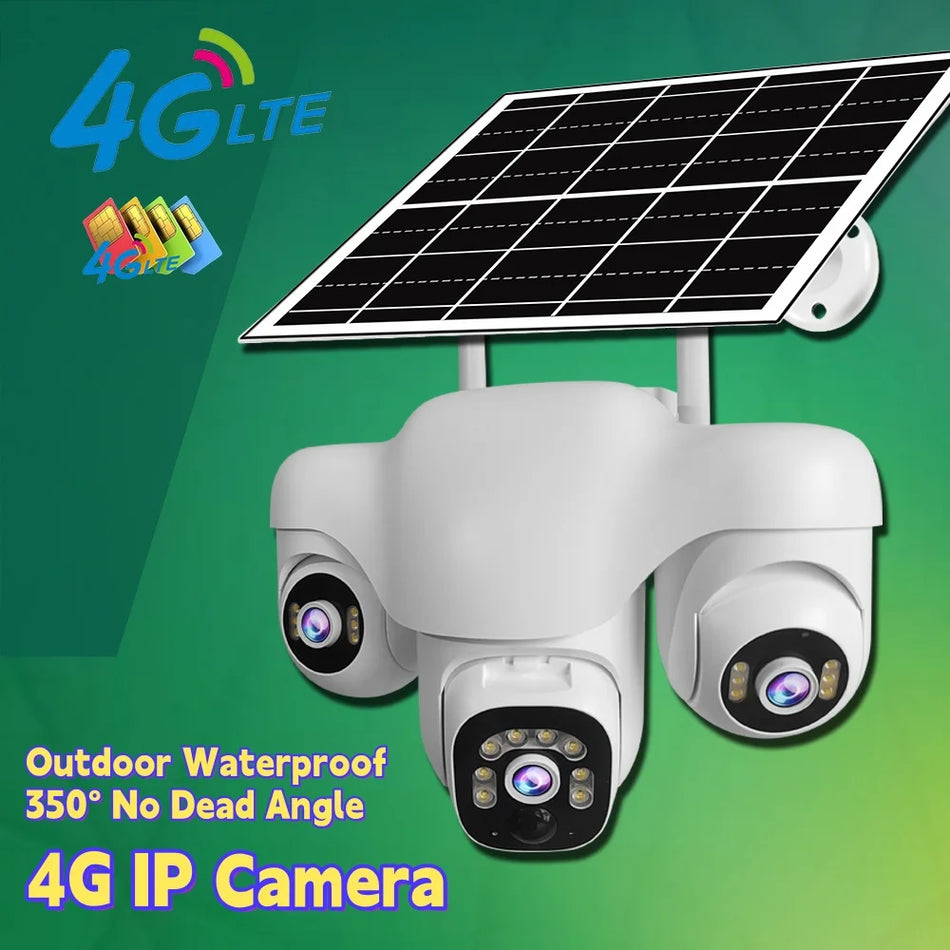 V380 Pro 4G Solar Camera 15MP 10X Zoom Triple Lens CCTV Outdoor Triple Screen PIR Motion Detection Security Surveillance Camera 4G CCTV 128G card