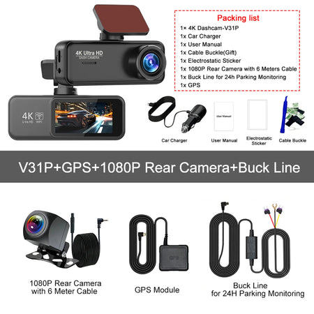 Kocam 4K Dash Cam Front and Rear &ndash; Dual Channel Night Vision Recording V31P-GPS-6M RCC-BL / 64G