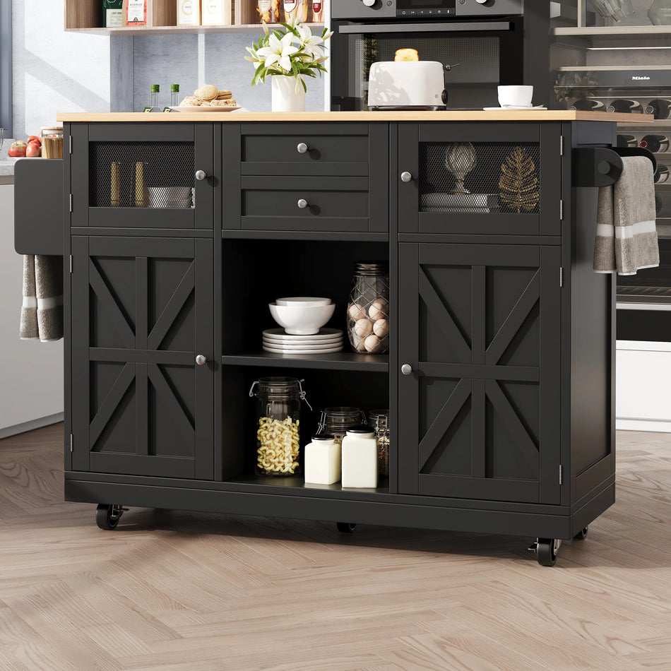 Wood Grain Kitchen Island With Foldable Dining Table Buffet