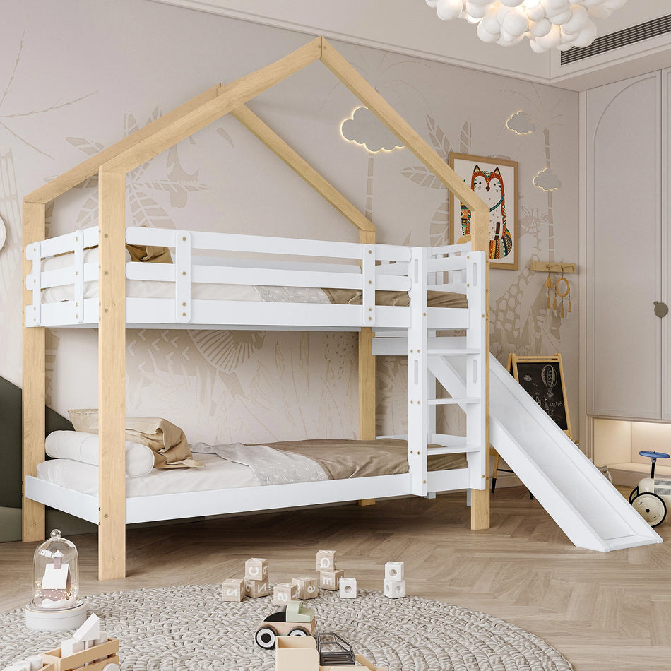 Solid Wood Bunk Bed Med Rutschkana Och Hus Säng 90x200cm