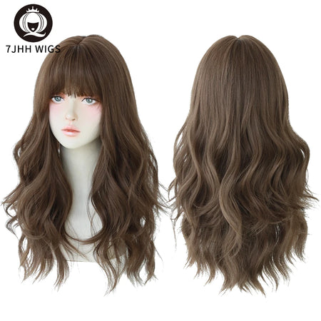 7JHH WIGS Brown Ash Long Deep Wave Wig with Bangs CT30-2