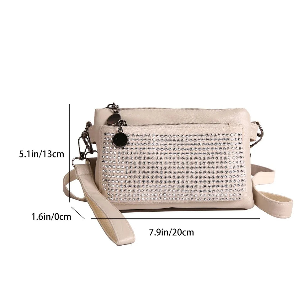 Geantă personalizată din piele moale cu trei straturi și pietre strălucitoare pentru femei, poșetă de umăr crossbody clutch
