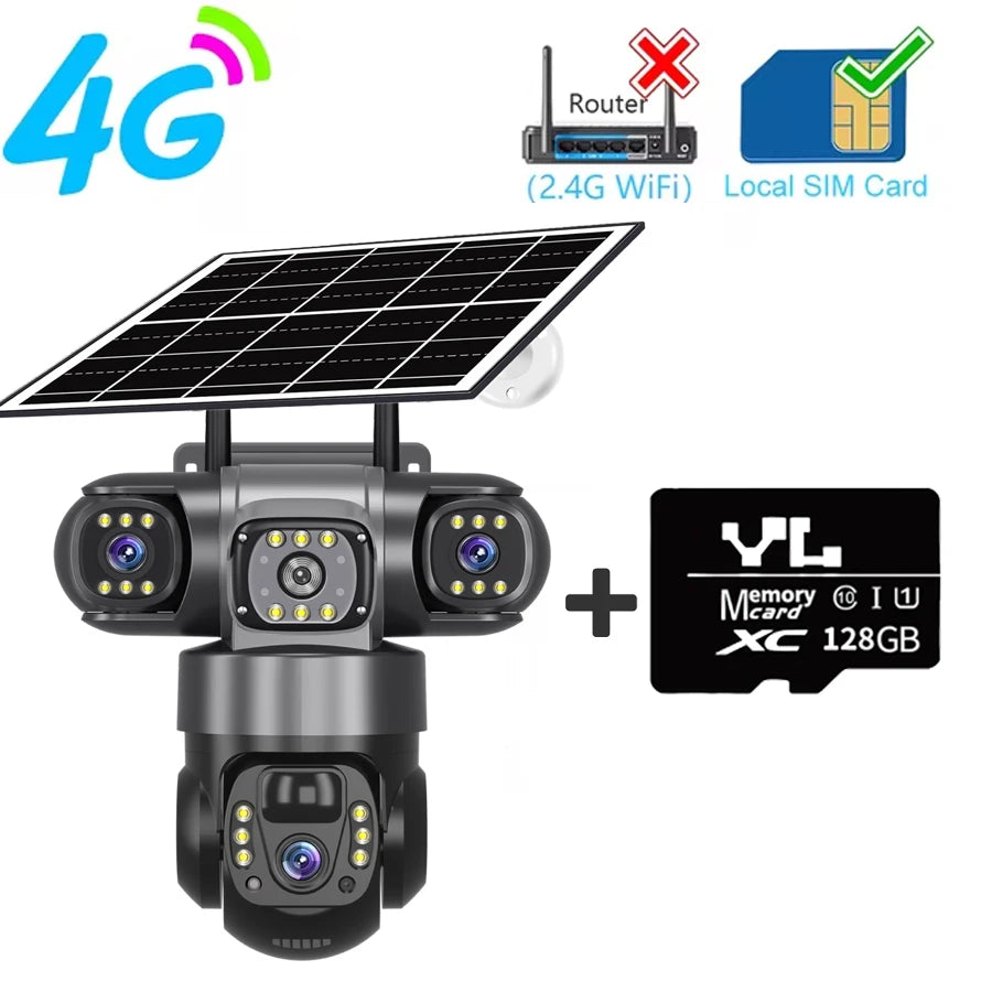 V380PRO 3 Lens WiFi Solar Camera 15MP 360 Outdoor Waterproof CCTV Night Vision Two-Way Audio Camera Mobile Tracking 4G IP Camera 4G Camera 128G Card