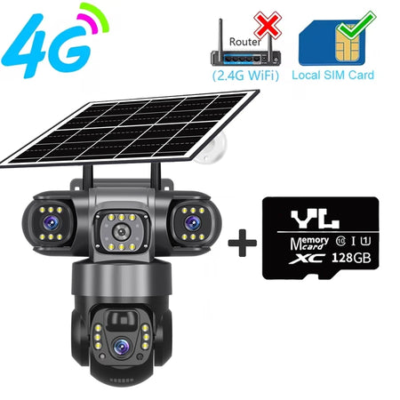 V380PRO 3 Lens WiFi Solar Camera 15MP 360 Outdoor Waterproof CCTV Night Vision Two-Way Audio Camera Mobile Tracking 4G IP Camera 4G Camera 128G Card
