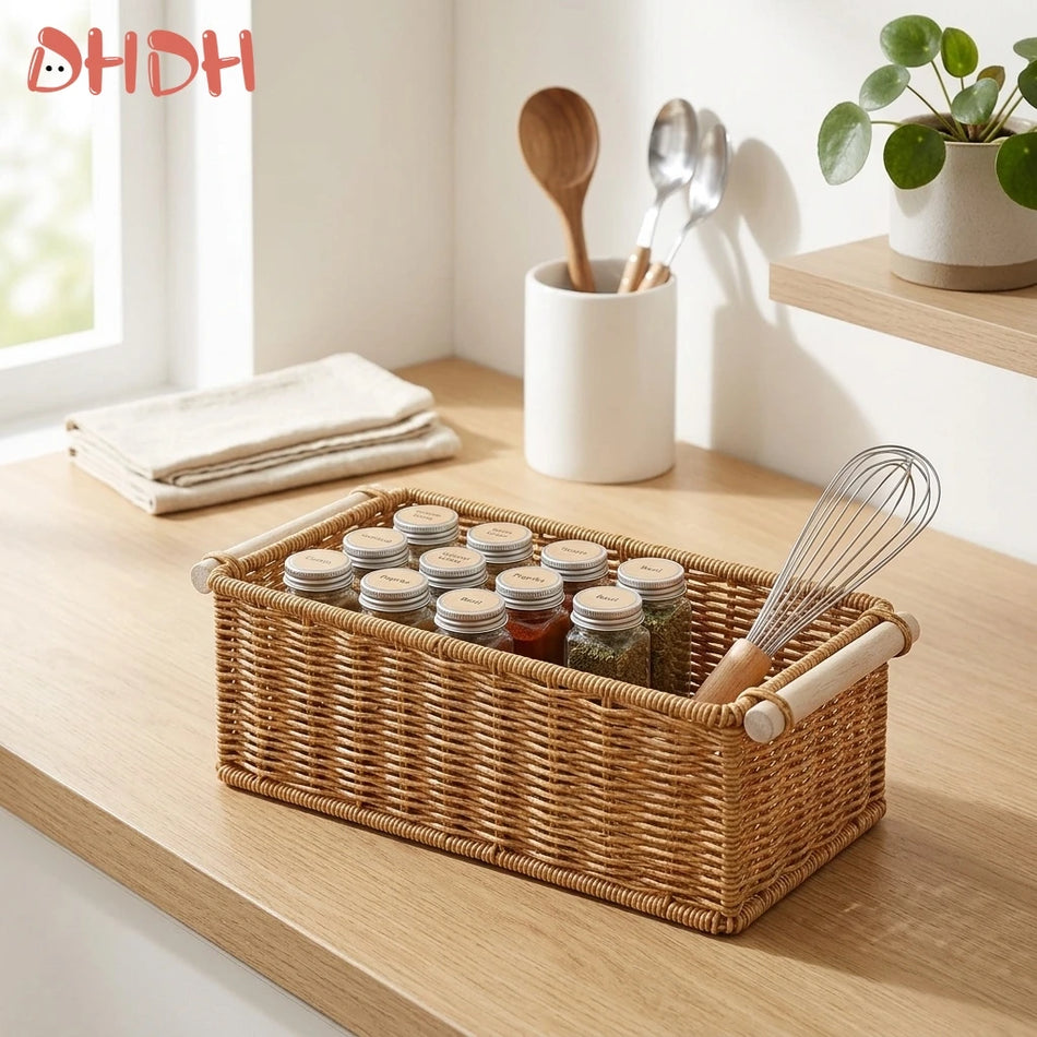 Scandinavian Desktop Organizer Basket, Handwoven Plastic Rattan Storage