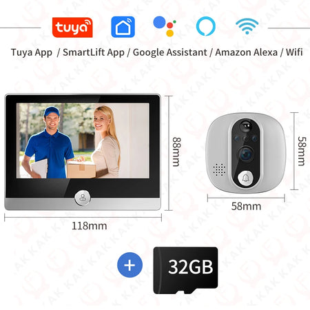 KAK WiFi Smart Door Bell Camera 4.3 Inch &ndash; Motion Detection Door Camera 32GB / CHINA