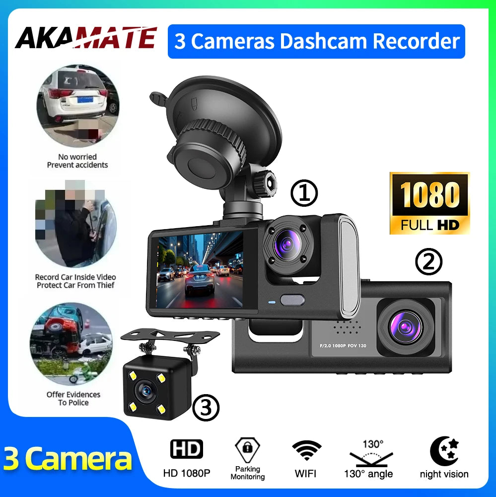 Dash Camera Night Vision 3-Lens DVR &ndash; 1080P IPS Screen