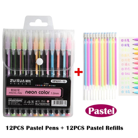 48 Metallic Glitter Gel Pens Set - Ideal for Colouring &amp; Drawing 12pc pen 12 Refill C