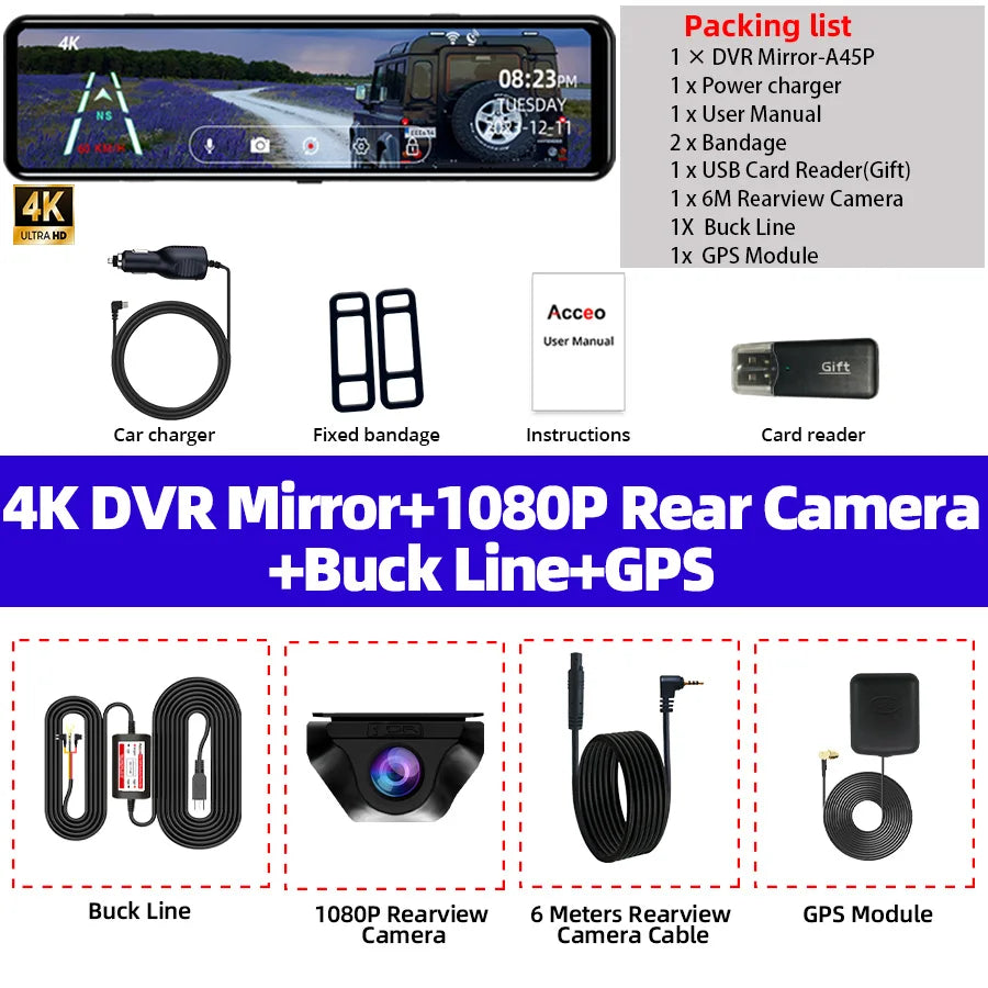Acceo A45P 4K Dashcam - 12 Inch Mirror DVR With GPS A45P-6M RC-BL-GPS / 64G
