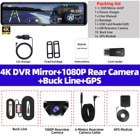 Acceo A45P 4K Dashcam - 12 Inch Mirror DVR With GPS A45P-6M RC-BL-GPS / 64G