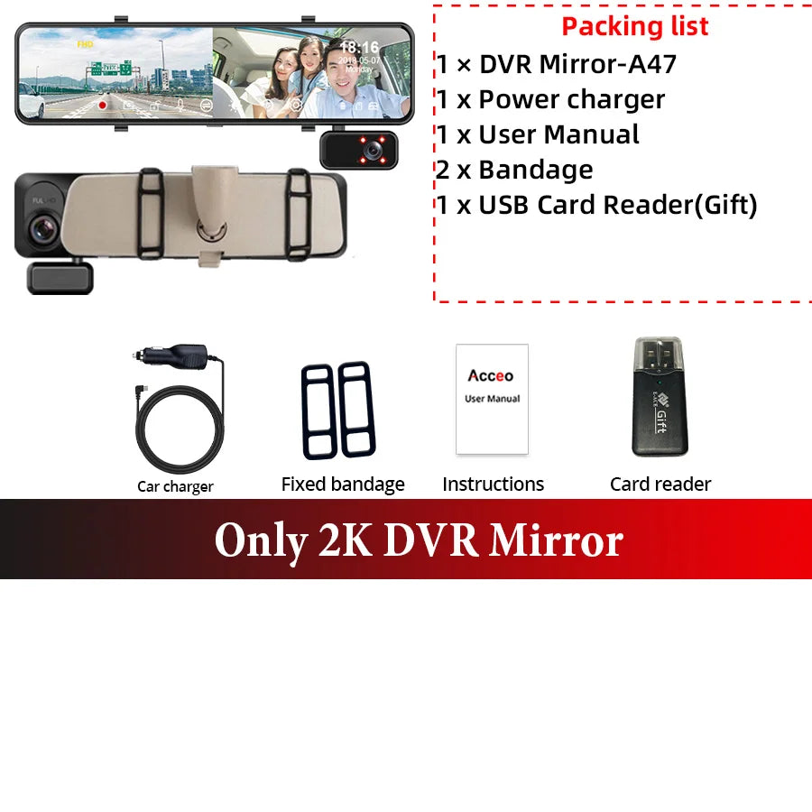 ACCEO 2.5K Dash Cam Mirror 12In 3-Channel &ndash; Night Vision Only DVR Mirror-A47 / None