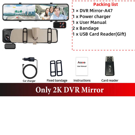 ACCEO 2.5K Dash Cam Mirror 12In 3-Channel &ndash; Night Vision Only DVR Mirror-A47 / None