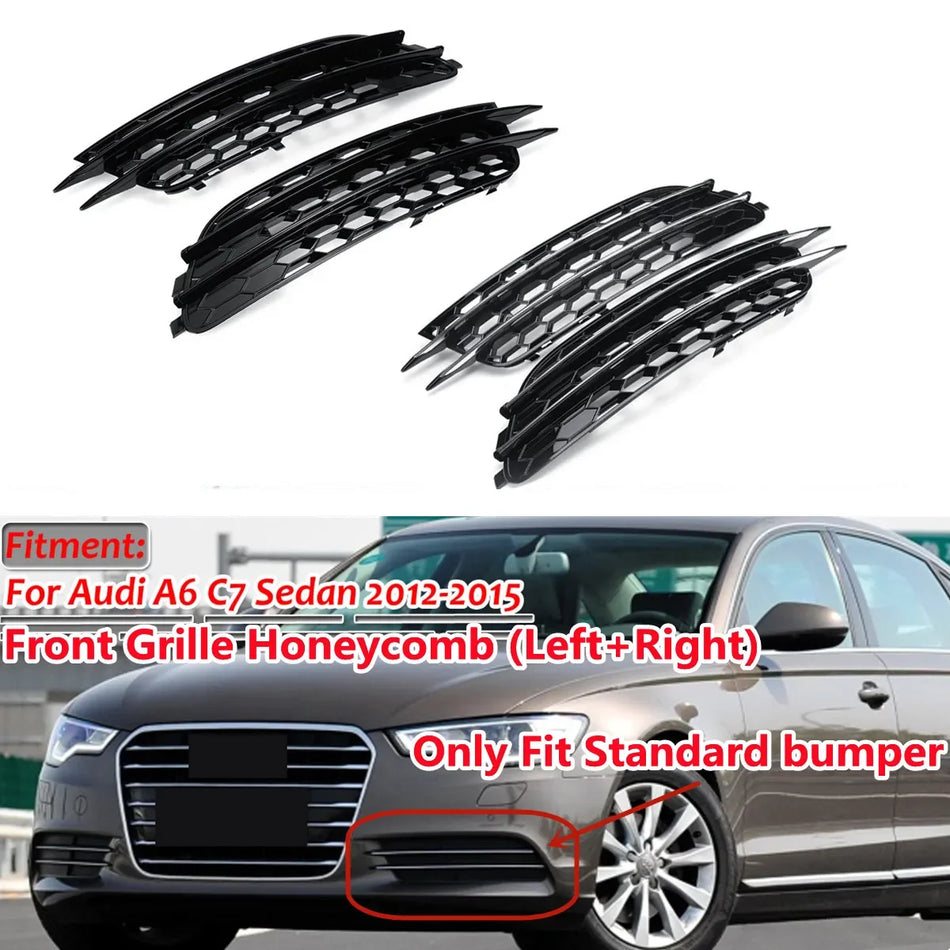 Grelhas dos faróis de nevoeiro em malha de favo de mel, ABS preto brilhante, para Audi A6 C7 Sedan 2012-2015