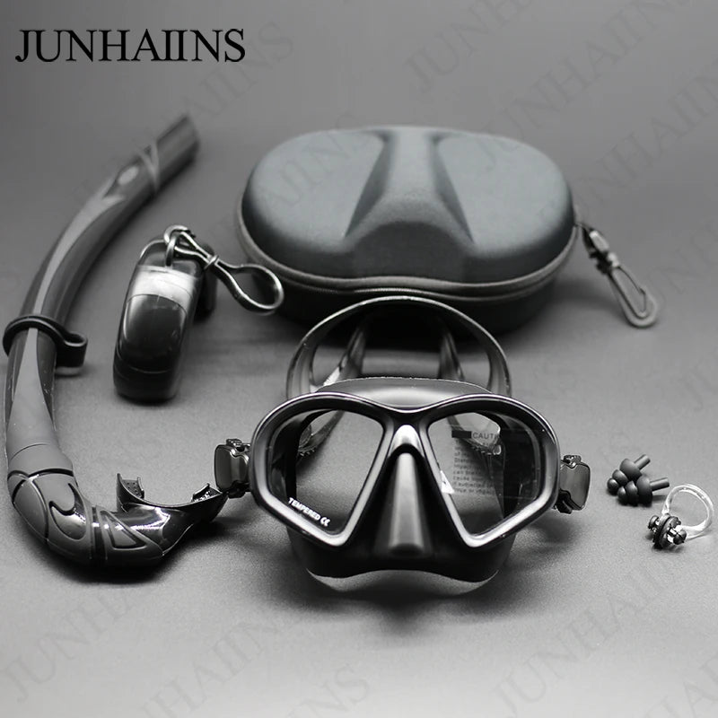 JUNHAIINS Tempered Glass Freediving Mask with Foldable Snorkel &amp; Camera Mount BLACK SET