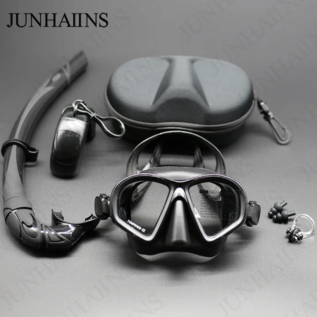JUNHAIINS Tempered Glass Freediving Mask with Foldable Snorkel &amp; Camera Mount BLACK SET
