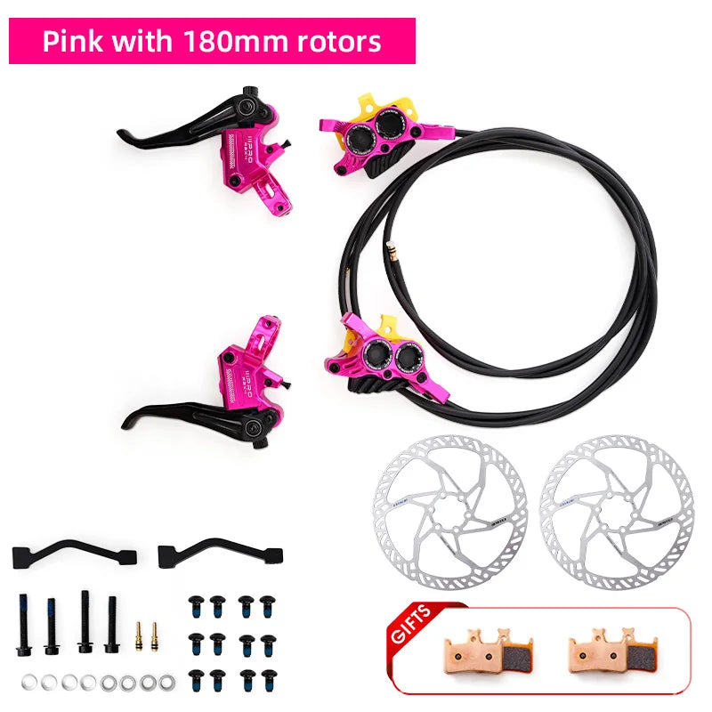 2025 ONIRII IIIPRO R2X4 MTB Hydraulic Disc Brake &ndash; 4-Piston High Performance Braking Pink with rotors