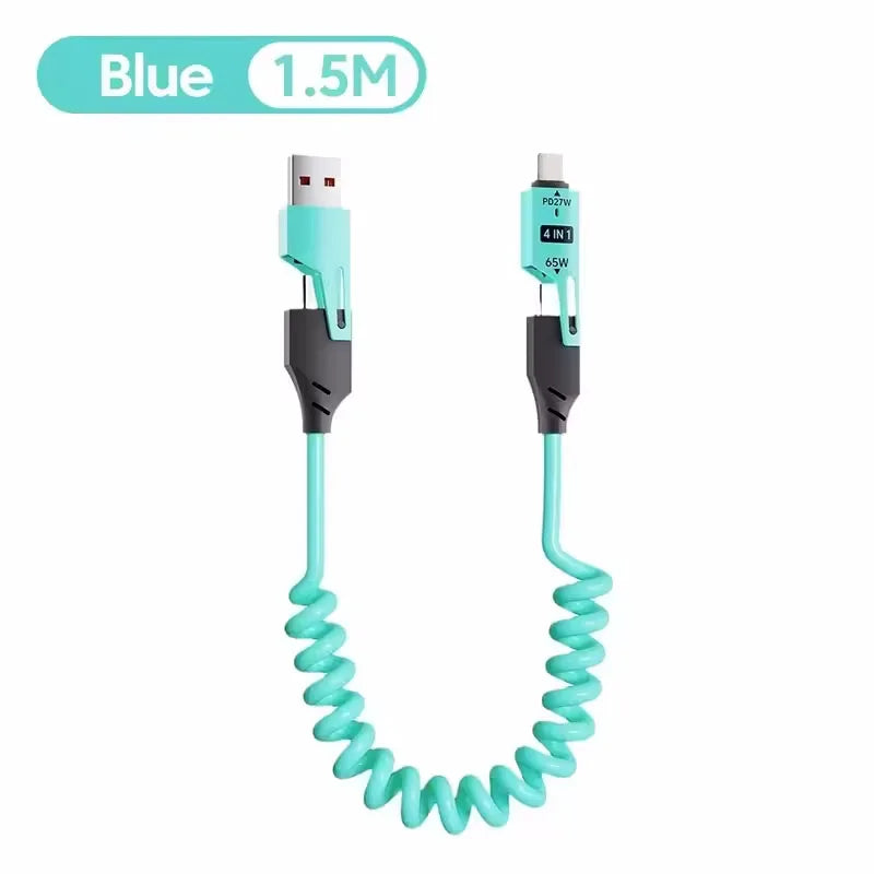 65W 4 in 1 Spring Telescopic USB-C Quick Charger Cable for iPhone, iPad, MacBook Blue