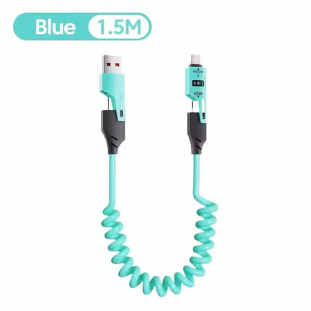 65W 4 in 1 Spring Telescopic USB-C Quick Charger Cable for iPhone, iPad, MacBook Blue