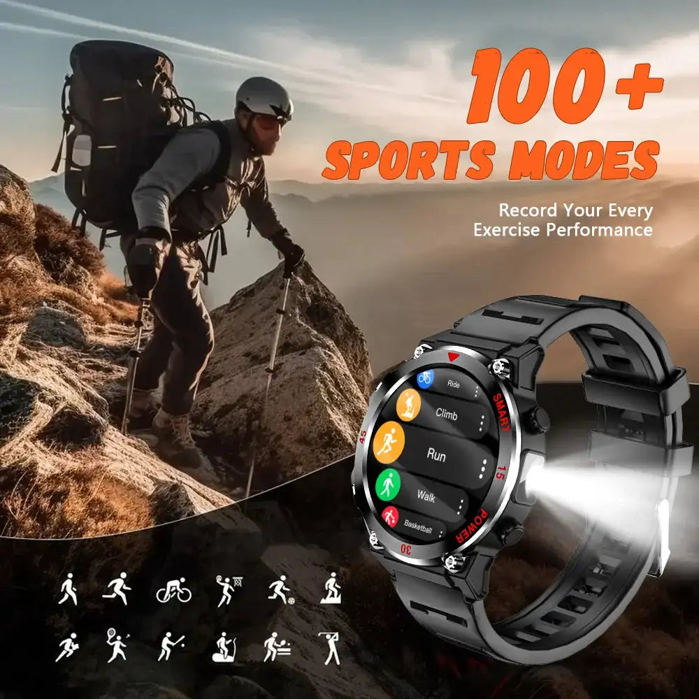 LAXASFIT Outdoor Smartwatch LED Flashlight Bluetooth