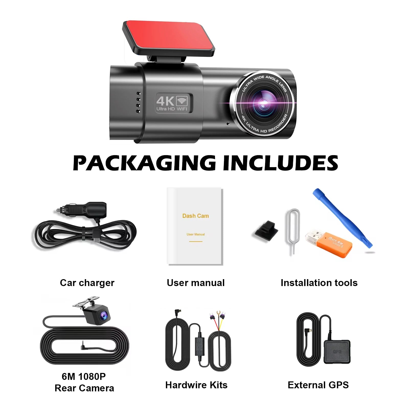 Kocam 4K WIFI Dash Cam &ndash; Dual Lens Front and Rear Recording With Rear Camera HWK / None