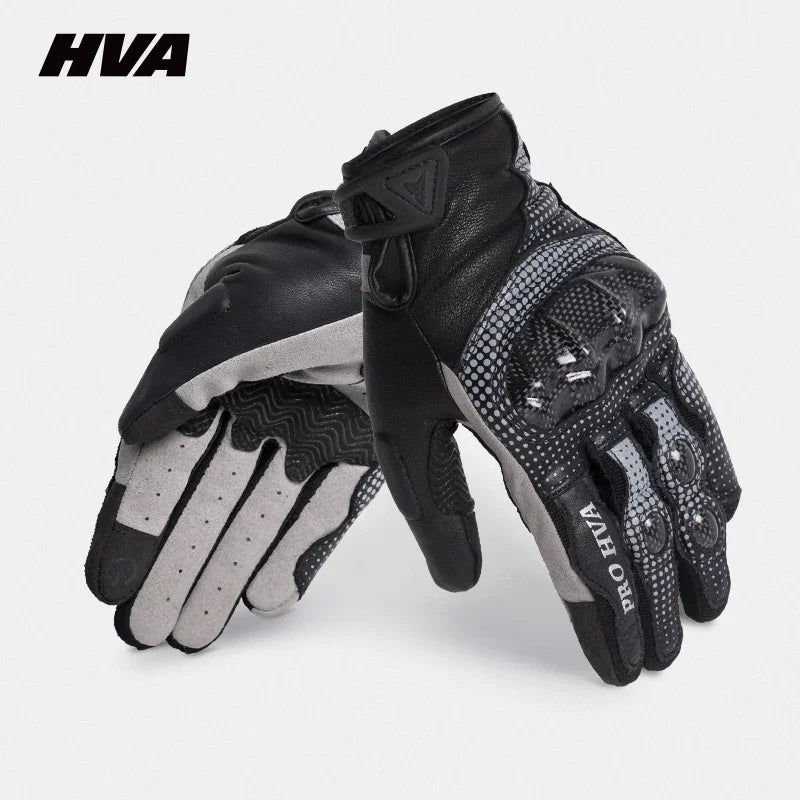 HVA Black Racing Genuine Leather Motorcycle Gloves for All Seasons Black / M