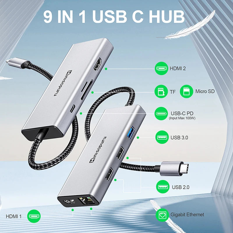 Minisopuru USB C Hub Dual 4K60Hz HDMI Dockingstation PD 100W