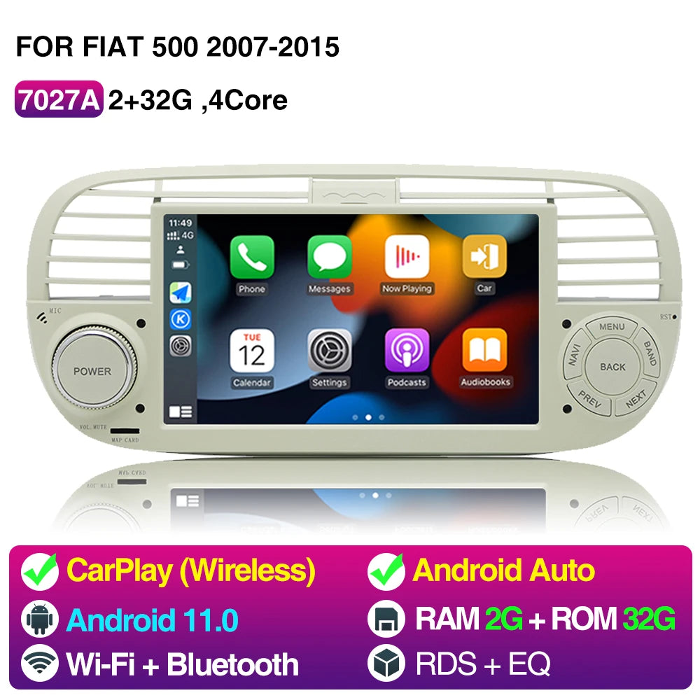 7 Inch Car Radio For Fiat 500 2007-2015 - Wireless CarPlay 2 32G White