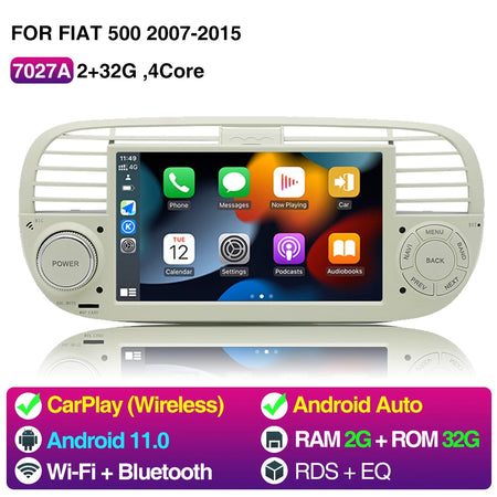 7 Inch Car Radio For Fiat 500 2007-2015 - Wireless CarPlay 2 32G White