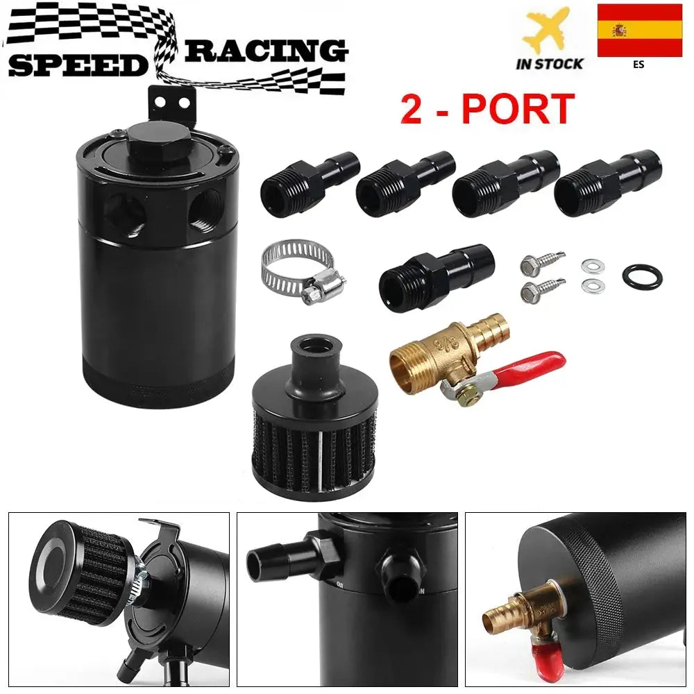 Universal Racing Baffled Aluminum Oil Catch Can Tank 2-Port Reservoir with Drain Valve Breather Cylinder Filter Kit by InterCyprus Trading Ltd