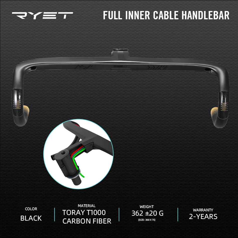RYET Ergo Ace Road Handlebar with Internal Cable Routing, T800 Carbon