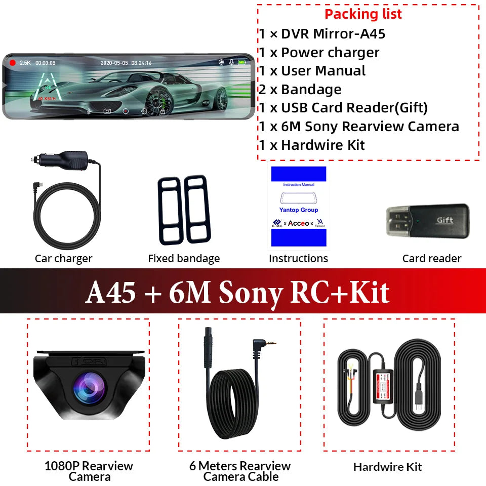ACCEO A45 CAR DVR &ndash; 11.28 Inch Touch IPS 2.5K Rear Camera DVR-6M RC-KIT / 32G
