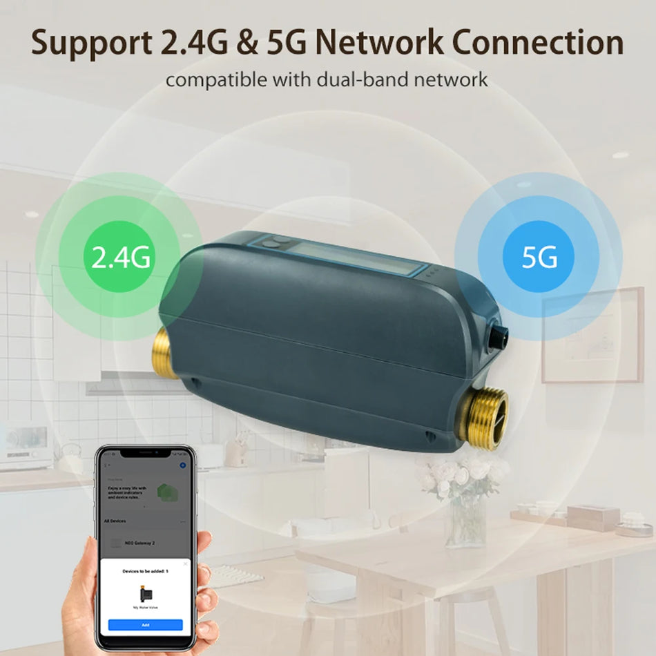 Tuya WiFi Smart Vattenventil Dual Band Flödesmätare Alexa