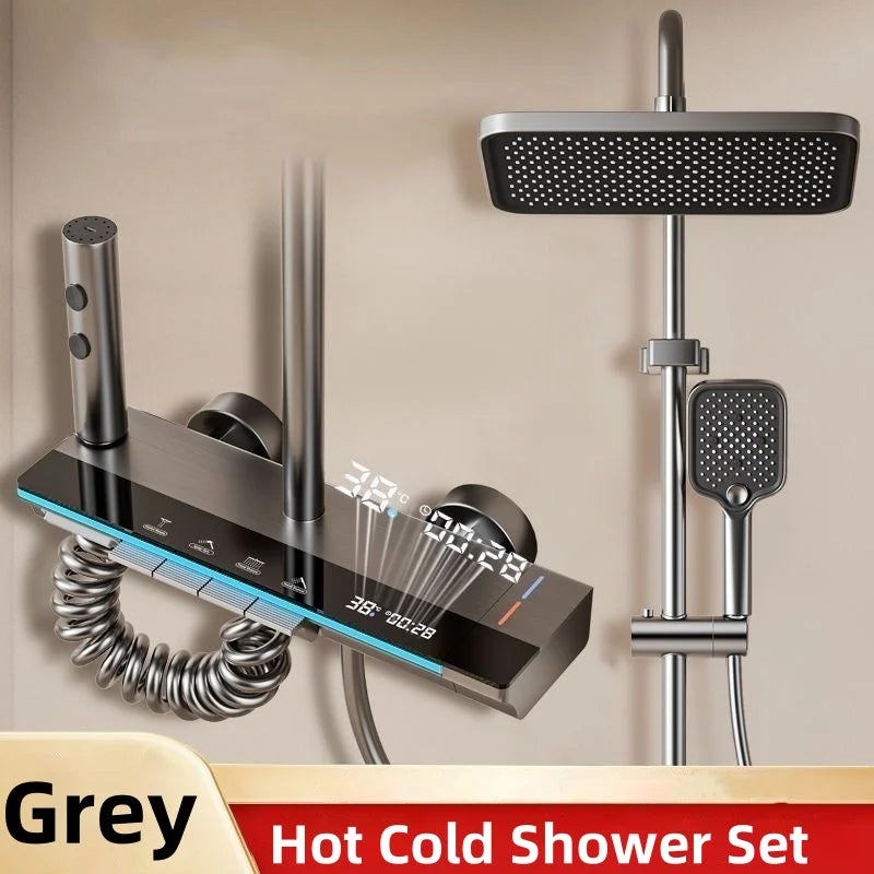 Mixer Shower Set With Digital Temperature Display, Wall-Mounted Rain Shower System In Brass Body And Steel Head
